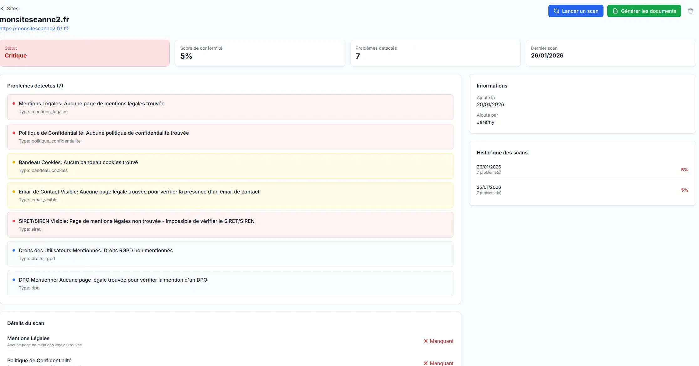 Scan de conformité RGPD détaillé - Analyse complète d'un site client