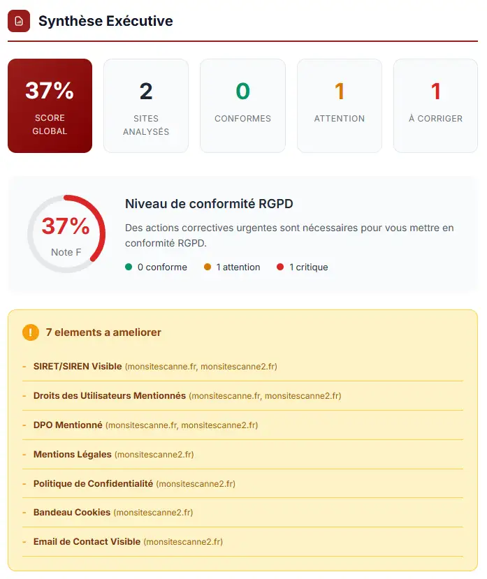 Rapport de conformité RGPD - Page de synthèse